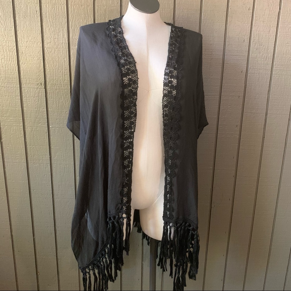 Melrose and Market Black Embroiled Fringe Kimono